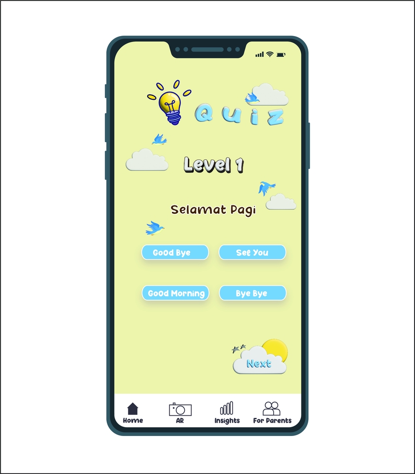 Contoh desain aplikasi mobile ui ux untuk aplikasi kuis Bahasa Indonesia dengan tema selamat pagi