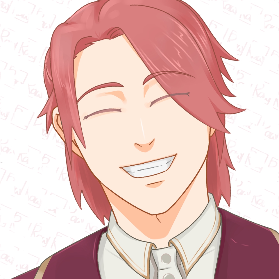 Ilustrasi kartun pria berambut merah muda tersenyum