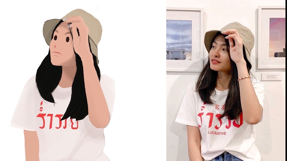 รับวาดภาพเหมือน การ์ตูน ผู้หญิง ใส่หมวก ใส่เสื้อขาว