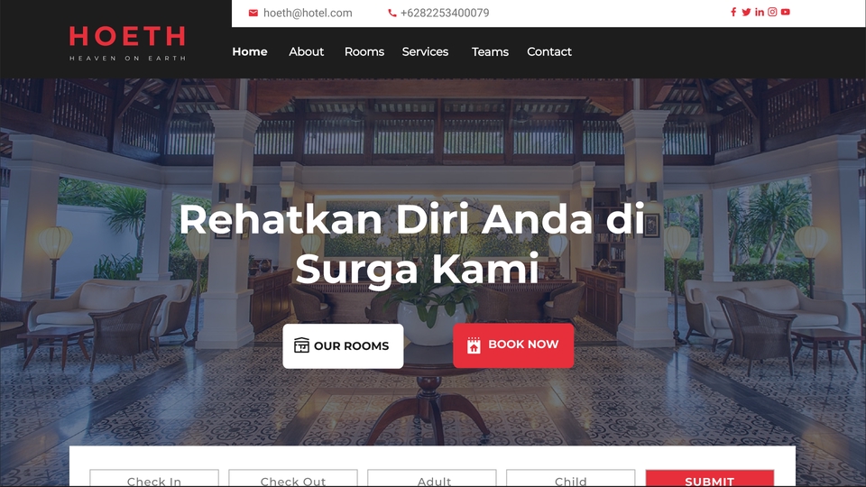 Desain website hotel dengan nuansa desain website yang modern dengan tampilan mewah, menggunakan UI UX desain modern dengan aplikasi desain website yang profesional dan elegant, dengan mockup tampilan website yang terstruktur dengan baik.