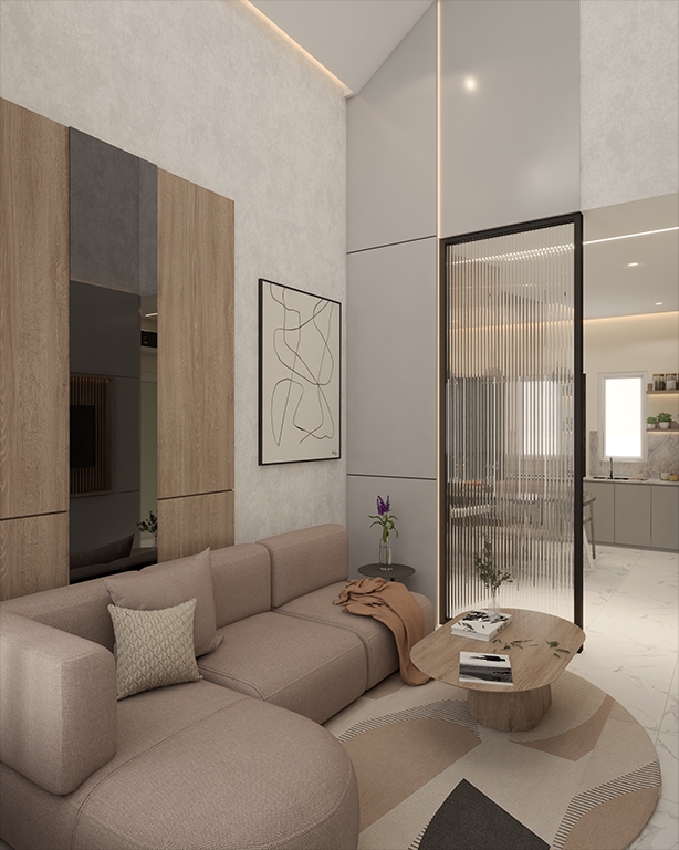 Desain interior ruang tamu modern minimalis dengan sofa abu-abu dan meja kopi kayu. Layanan jasa desain interior freelance.
