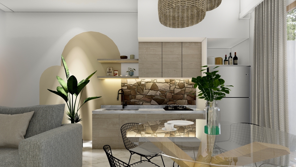 Desain interior dapur modern minimalis dengan konsep terbuka dan penggunaan material kayu.