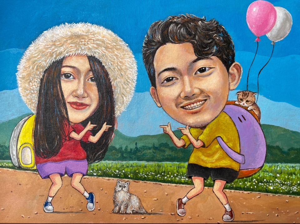 รับวาดภาพเหมือนการ์ตูนสไตล์น่ารัก คู่รักกับสัตว์เลี้ยง ภาพวาดสีน้ำมัน