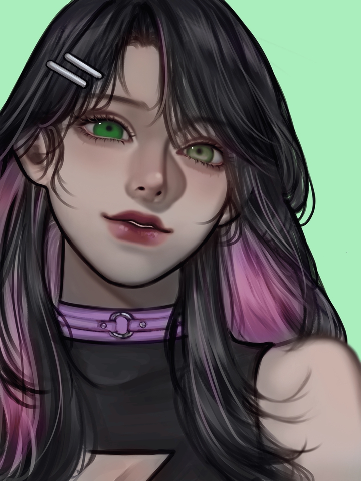 Ilustrasi digital wanita berambut hitam dengan sentuhan pink, menggunakan kalung dan baju hitam.