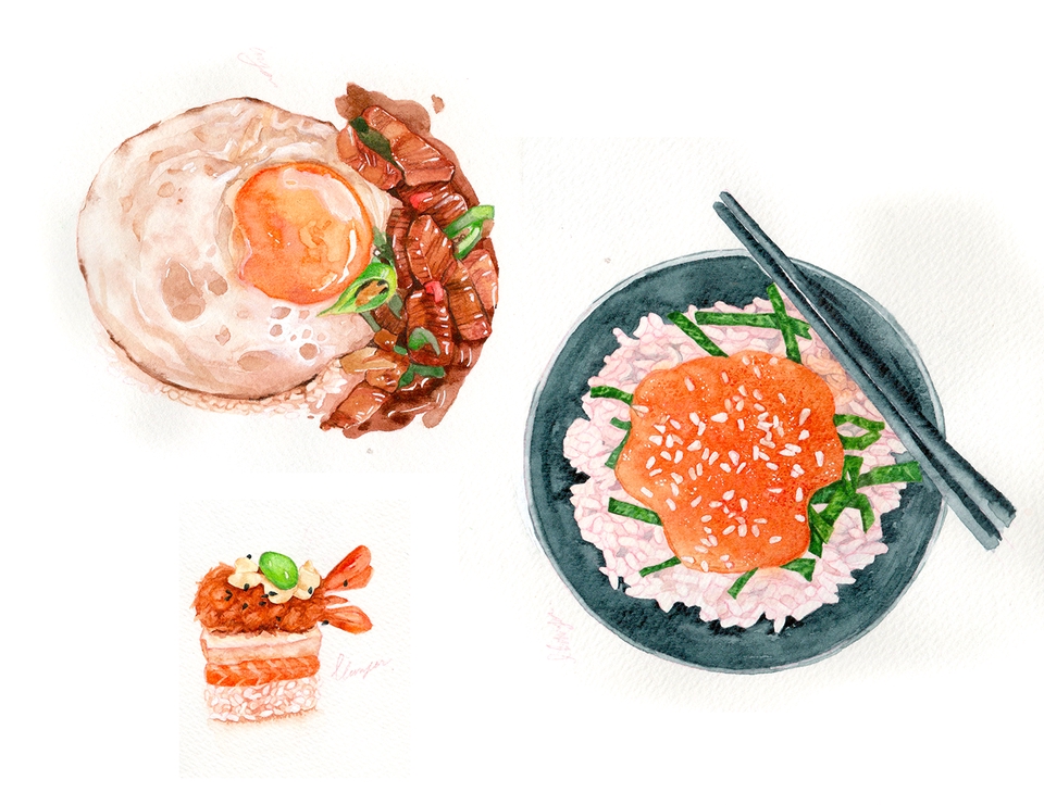 วาดภาพประกอบ - รับวาดภาพประกอบ สีน้ำ อาหาร 2 ชิ้น 600 บาท - 2