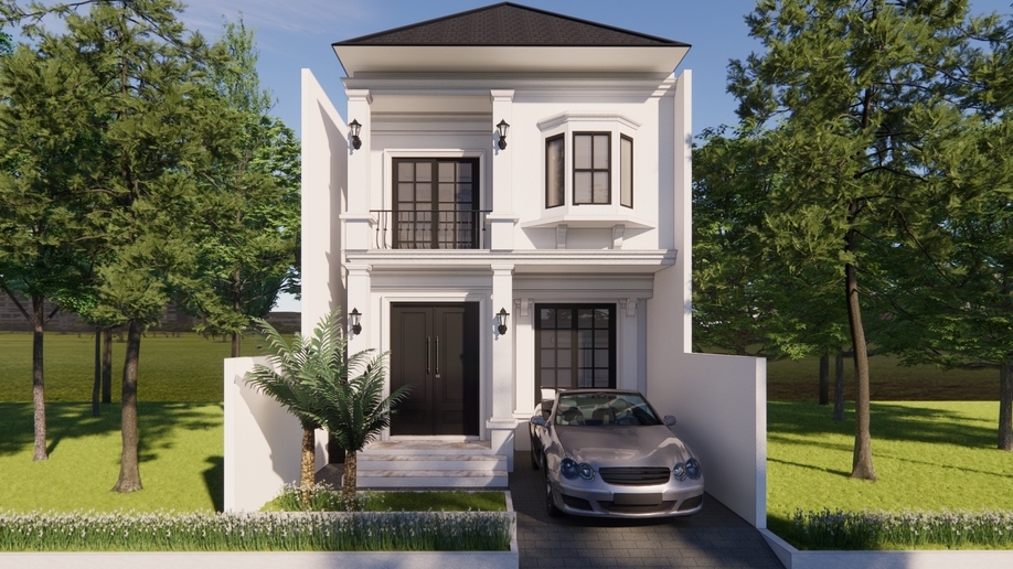 Jasa desain rumah minimalis modern dengan detail eksterior 3d dan taman.