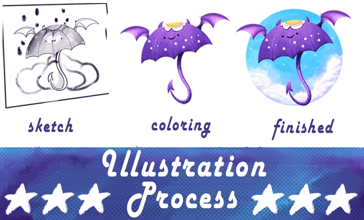 Jasa Ilustrasi: Proses pembuatan ilustrasi kartun lucu, dari sketsa hingga hasil akhir, dengan warna ungu dan bentuk seperti payung.