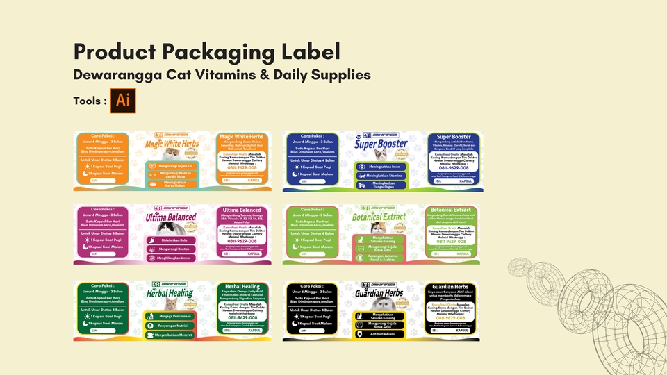 Desain label produk makanan kucing dengan tema herbal, vitamin dan suplemen harian.