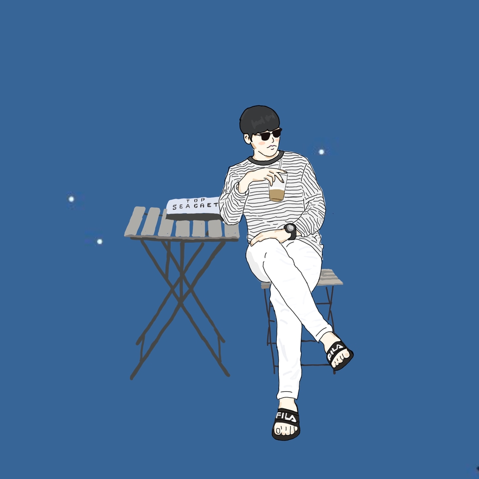 รับวาดภาพเหมือน ภาพการ์ตูนชายใส่แว่นตา นั่งที่โต๊ะ นอกร้านกาแฟ