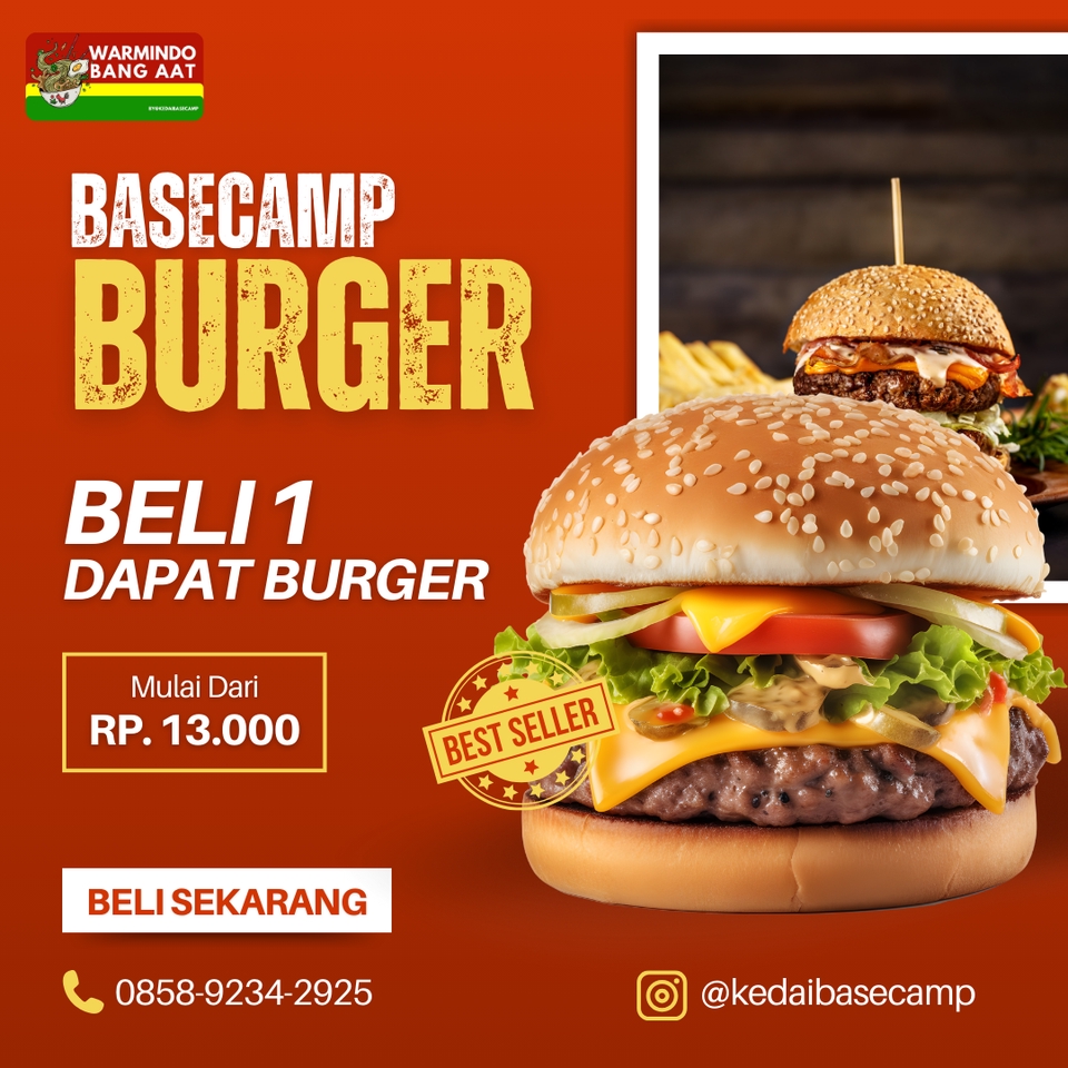Jasa desain spanduk promo burger, beli satu gratis satu dengan harga murah di Warlindo Bang Aat.