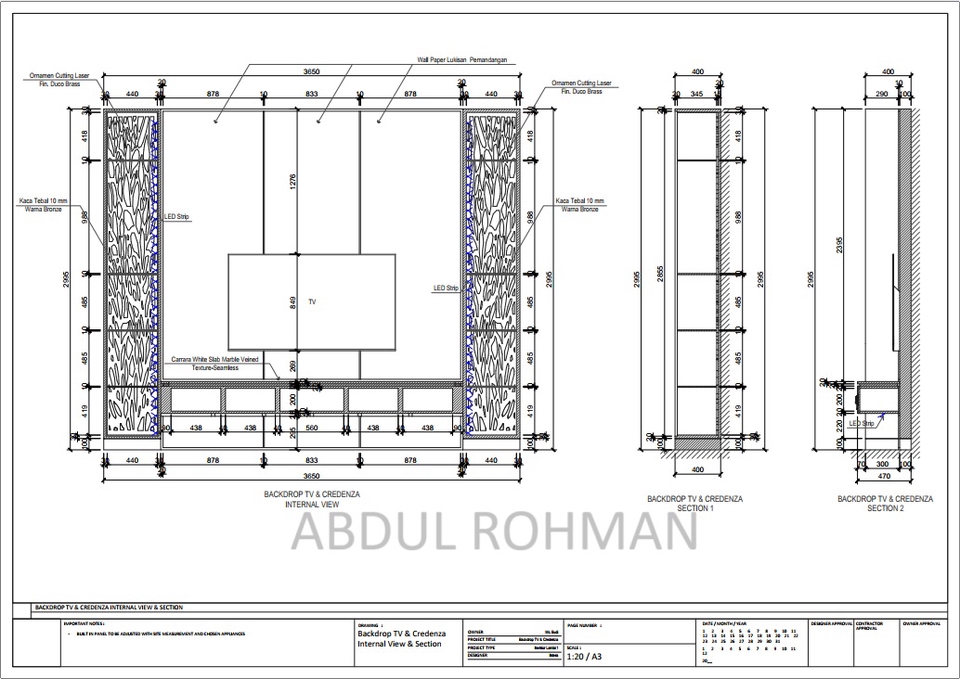 Jasa drafter autocad freelance, desain backdrop tv dan credenza, interior view & section.