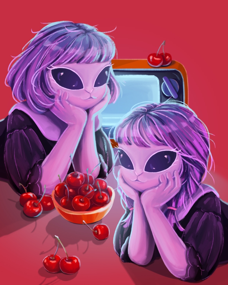 รับวาดรูปภาพประกอบ เด็กหญิงน่ารัก แนวแฟนตาซี 2 คน กำลังทานเชอร์รี่ ใกล้ทีวี  วาดภาพดิจิตอล  รับวาดรูปภาพประกอบนิทาน