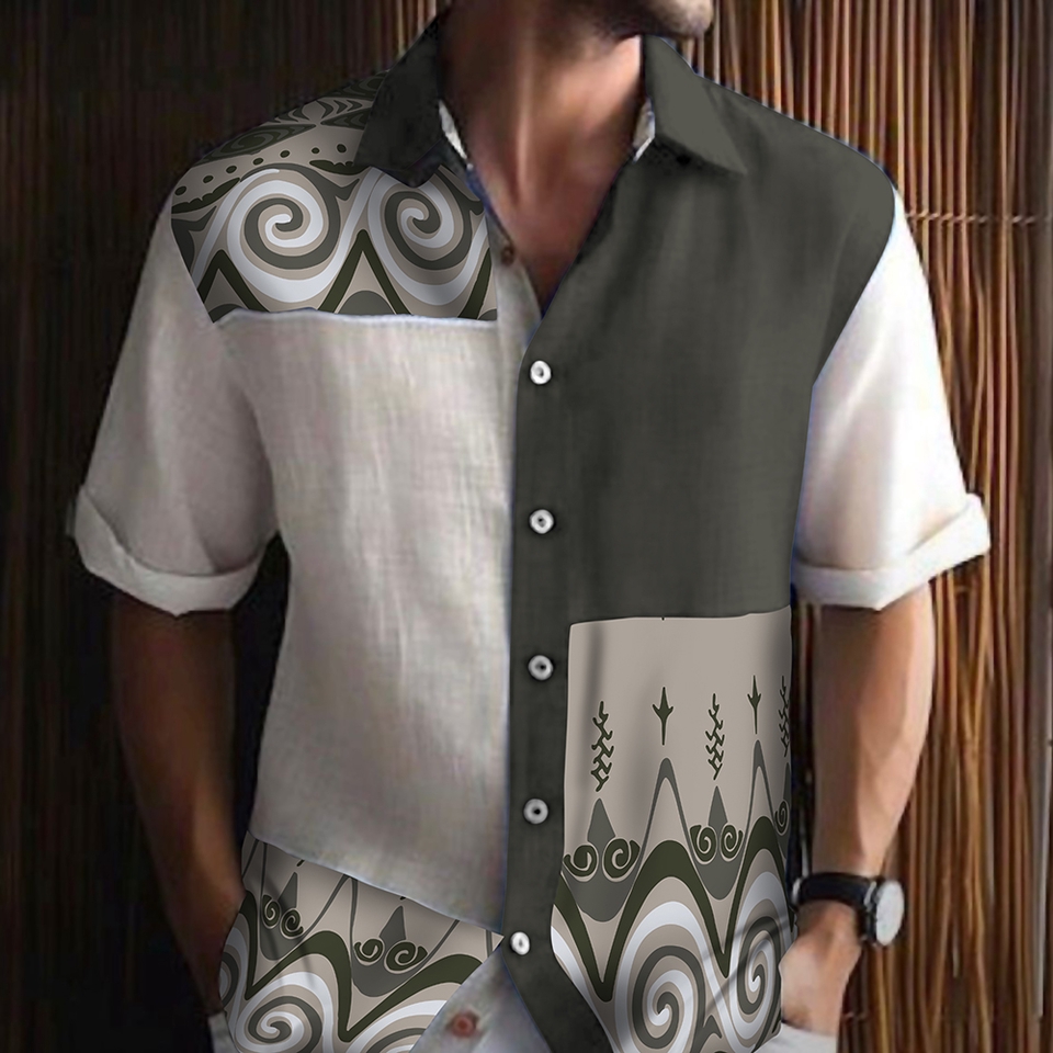 Desain kaos pria dengan motif batik dan corak geometris modern, cocok untuk casual wear.