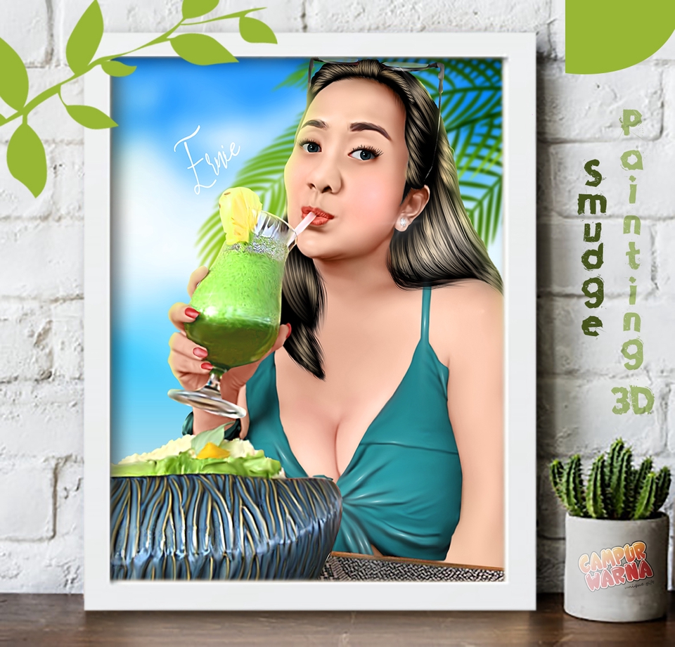 Jasa lukis wajah karikatur freelance untuk desain vektor gambar wajah wanita dengan latar belakang pemandangan pantai.