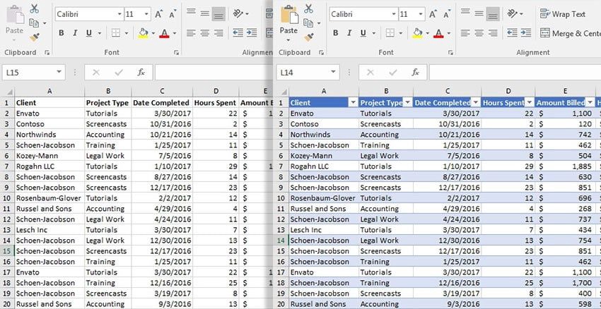 Jasa input data excel dengan contoh spreadsheet yang menampilkan client, project type, tanggal selesai, jam kerja, dan jumlah tagihan.