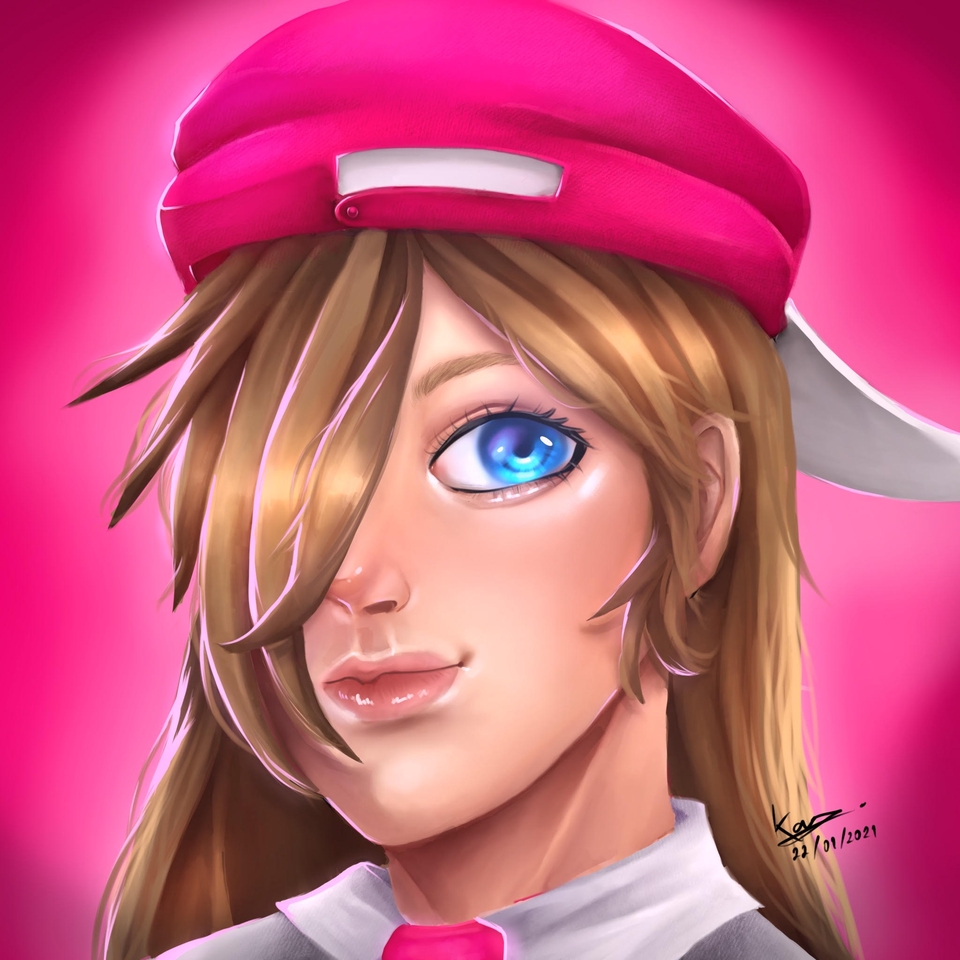 รับวาดภาพเหมือน การ์ตูน ผู้หญิง ผมยาว ใส่หมวก สีชมพู