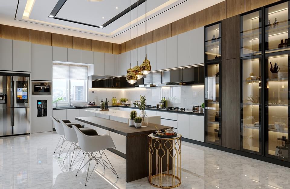 Jasa desain interior rumah minimalis modern dengan dapur dan ruang makan yang luas, cocok untuk inspirasi desain interior rumah anda.
