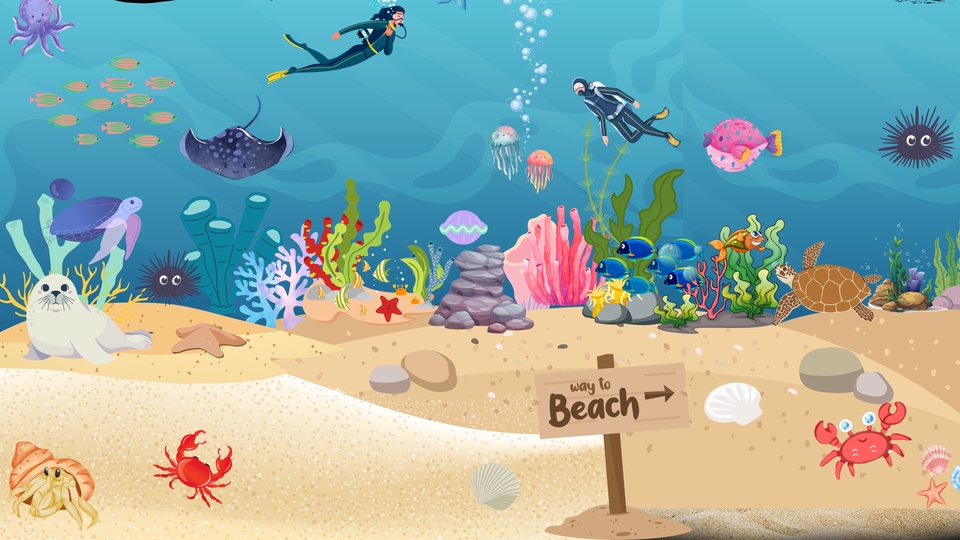 Jasa ilustrasi gambar kartun hewan laut dengan latar belakang pantai, cocok untuk ilustrasi buku anak, poster, dan desain lainnya.