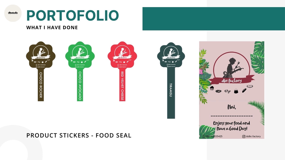 Contoh stiker produk untuk layanan jasa desain makanan.