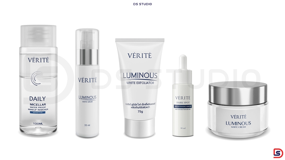 รับปั้นโมเดล 3d ผลิตภัณฑ์ความงาม แพ็คช็อต 3 มิติ VERITE ครีมกันแดด เซรั่ม โลชั่น น้ำยาเช็ดเครื่องสำอาง