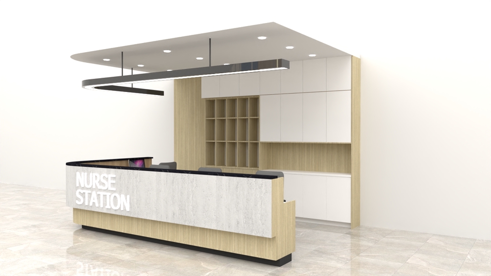 Desain interior kantor resepsionis rumah sakit dengan tema minimalis modern dan ruangan yang luas.  Jasa desain interior kantor.