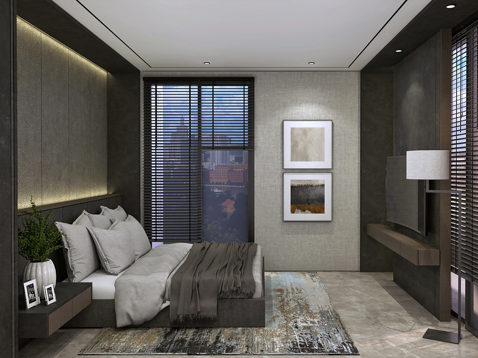 Jasa desain interior 3d minimalis untuk apartemen modern dengan ruang tidur dan jendela besar.