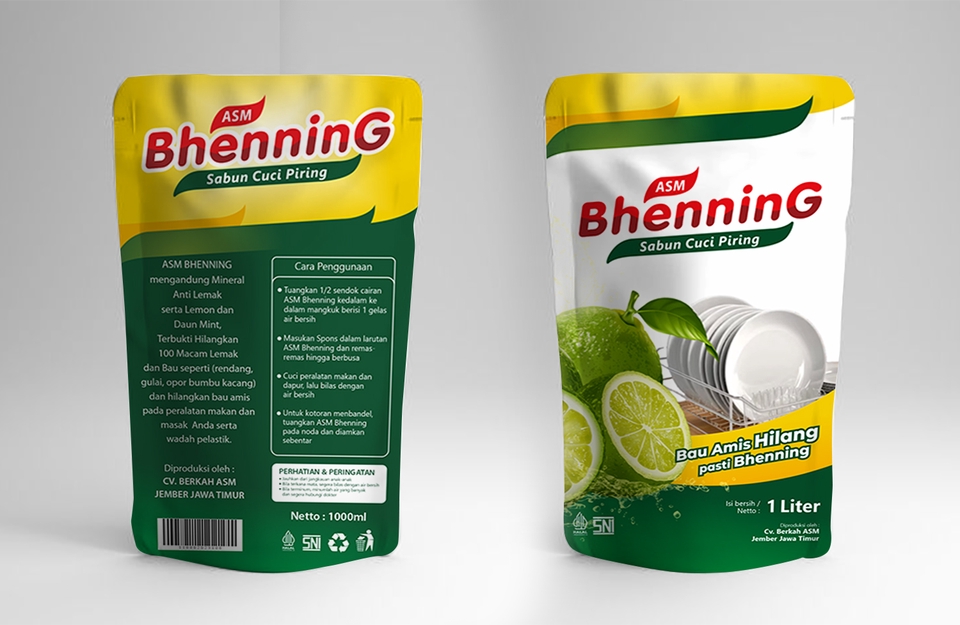Jasa desain kemasan sabun cuci piring dengan desain unik dan menarik, menggunakan kombinasi warna kuning dan hijau dengan gambar jeruk nipis dan piring.