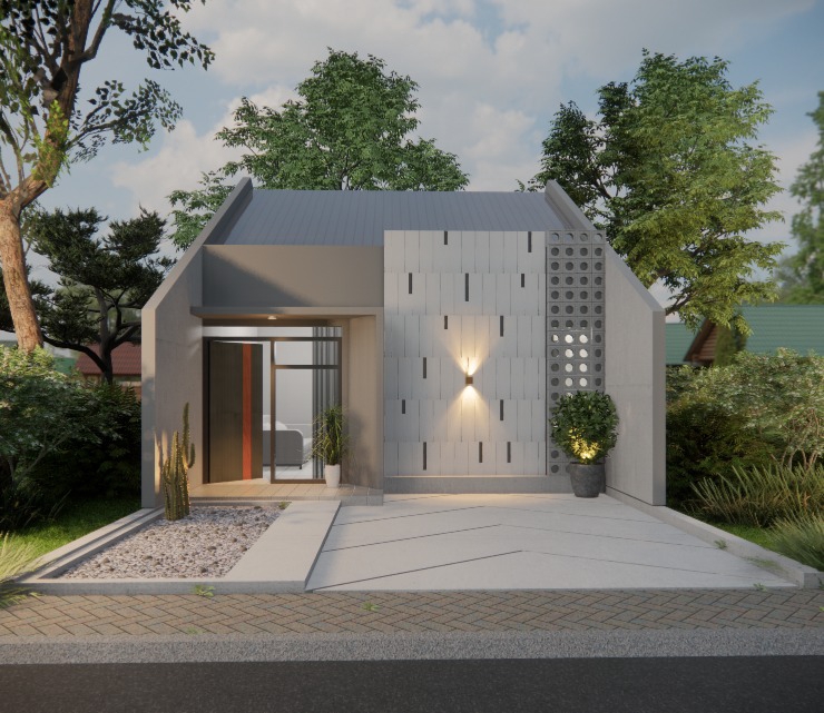 Desain eksterior rumah minimalis modern dengan jasa render 3d untuk freelancer.
