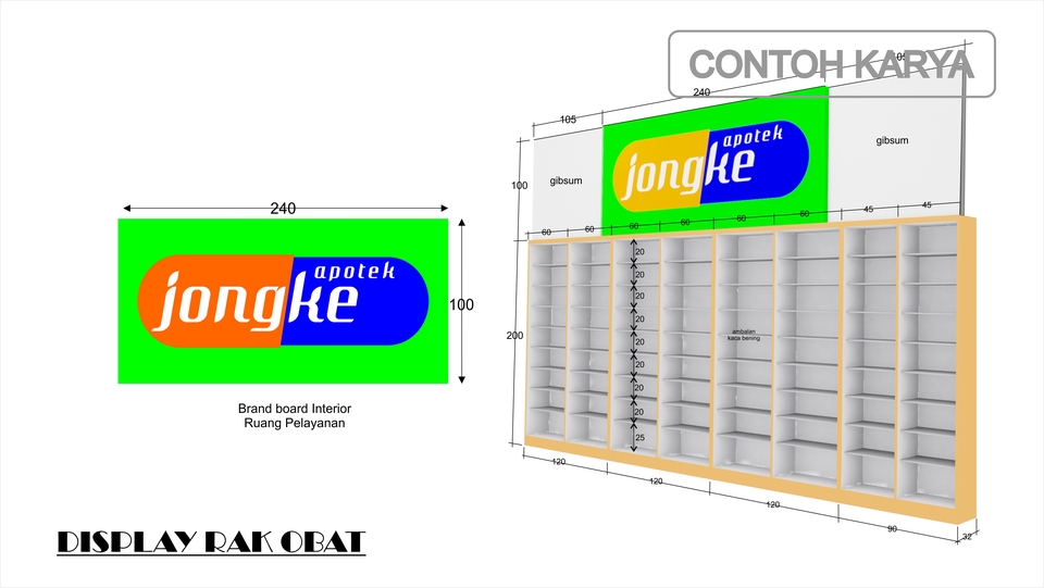 Jasa drafter autocad freelance desain rak obat apotek Jongke. Gambar autocad detail ukuran rak display. Drafter interior murah.
