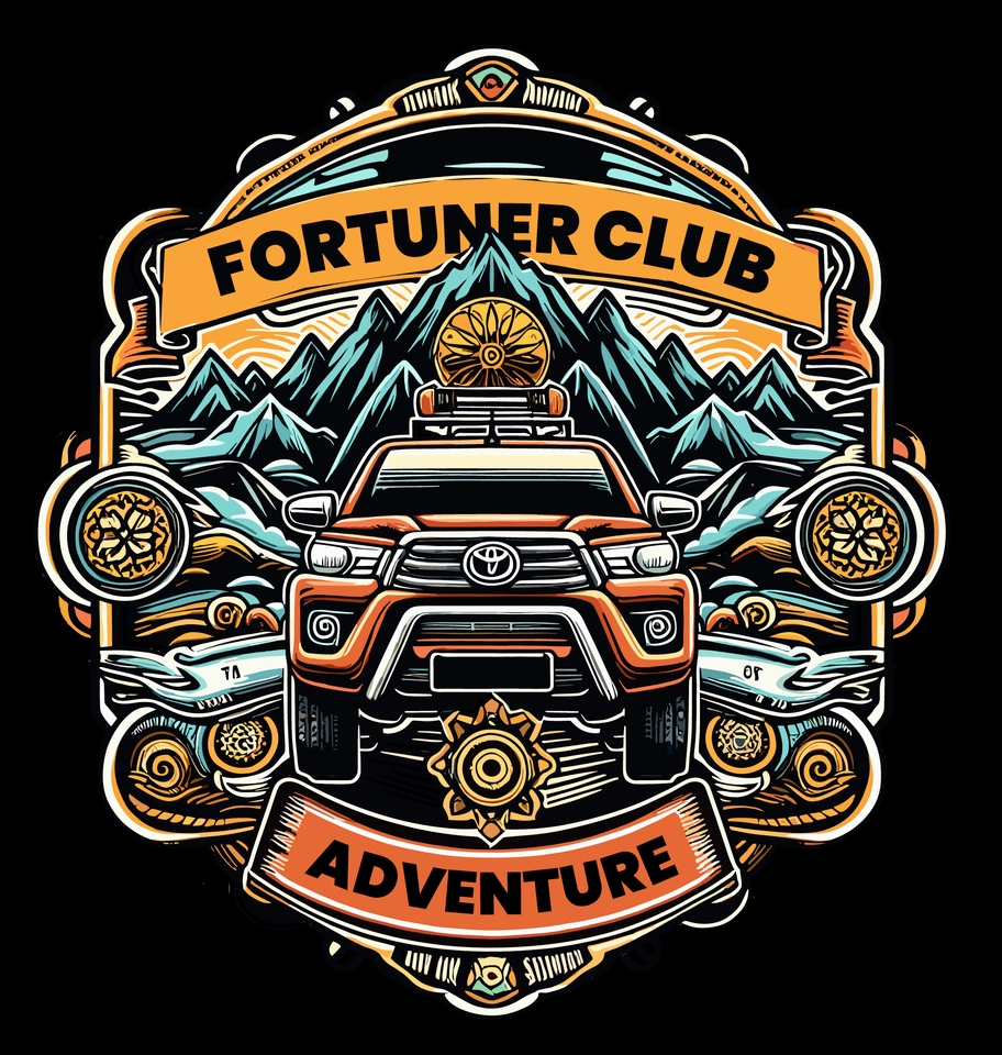 Desain kaos custom dengan gambar mobil offroad dan tulisan "Fortuner Club Adventure"
