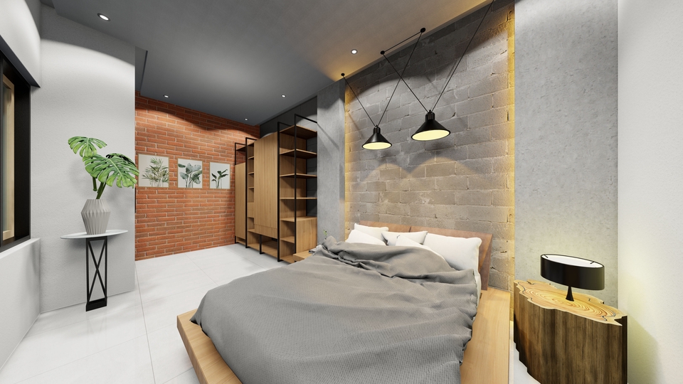 Jasa desain interior kamar tidur minimalis dengan rak buku dan lampu gantung