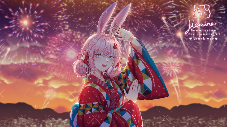 รับวาดภาพประกอบ ภาพหญิงสาวแต่งชุดญี่ปุ่น มีหู เป็นภาพการ์ตูนดิจิตอลเพ้นท์สวยงาม บรรยากาศยามเย็นมีดอกไม้ไฟ สวยงาม