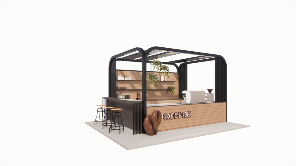 รับปั้นโมเดล 3d ร้านกาแฟ ตกแต่งสวยงาม พร้อมเคาน์เตอร์และเก้าอี้ 3d model