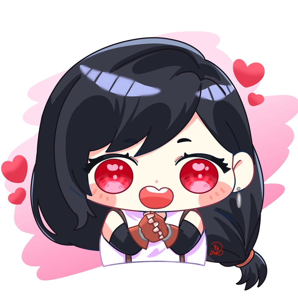 Ilustrasi kartun lucu seorang wanita dengan rambut hitam dan mata merah muda, cocok untuk desain karakter anime.