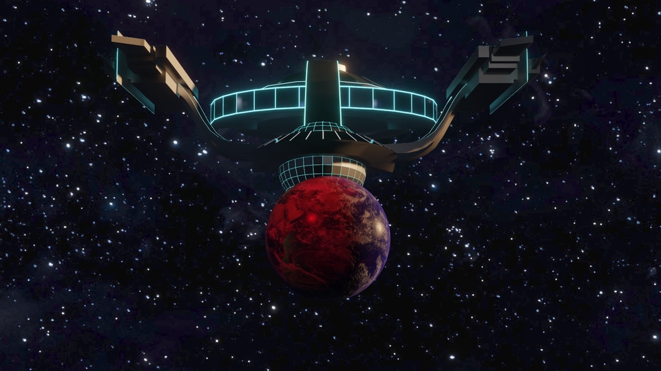 Jasa pembuatan video animasi 3d, menampilkan sebuah pesawat ruang angkasa futuristic mengitari planet merah.