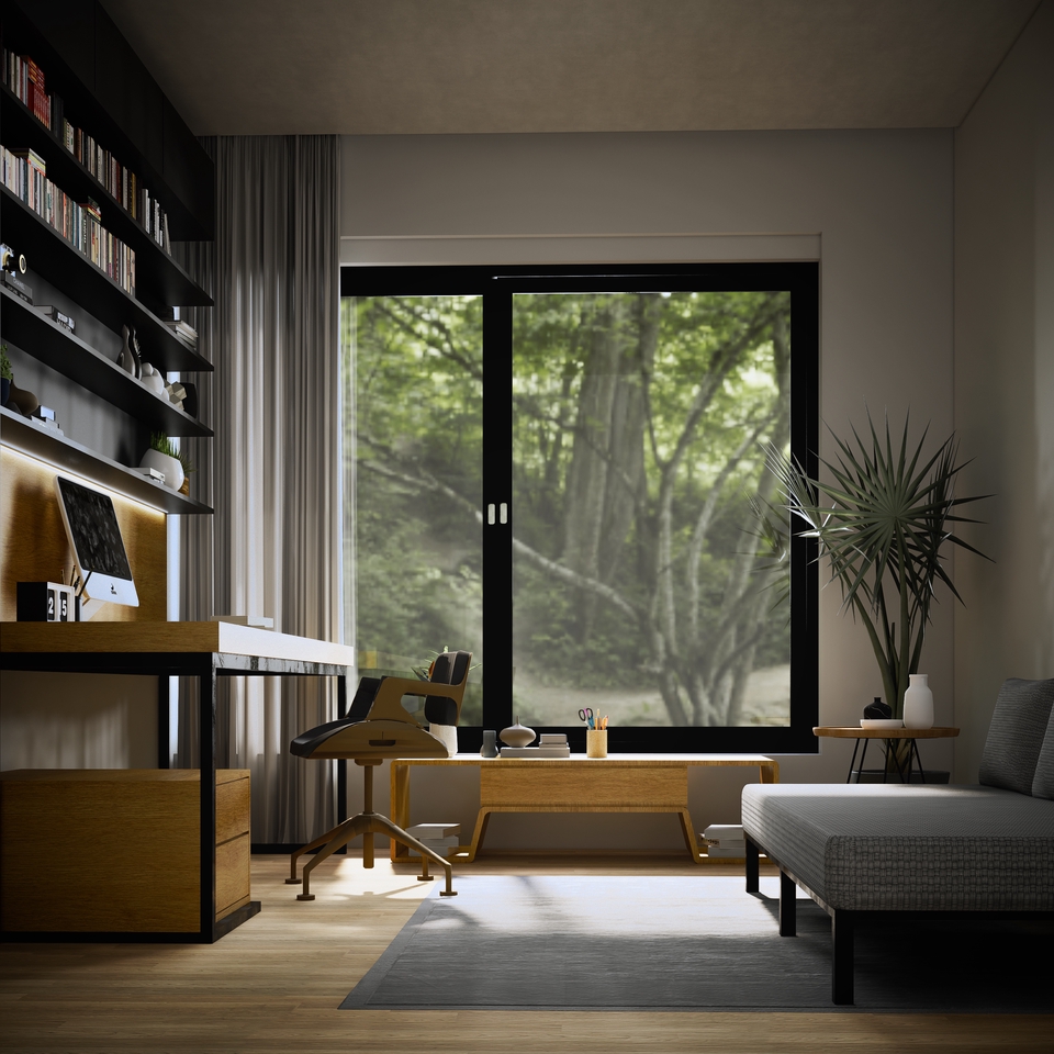 Desain interior ruang kerja minimalis dengan jendela besar dan view pepohonan hijau.
