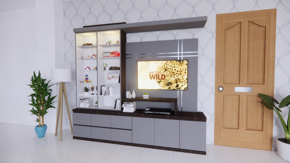 Desain lemari TV minimalis dengan rak buku dan rak dinding.