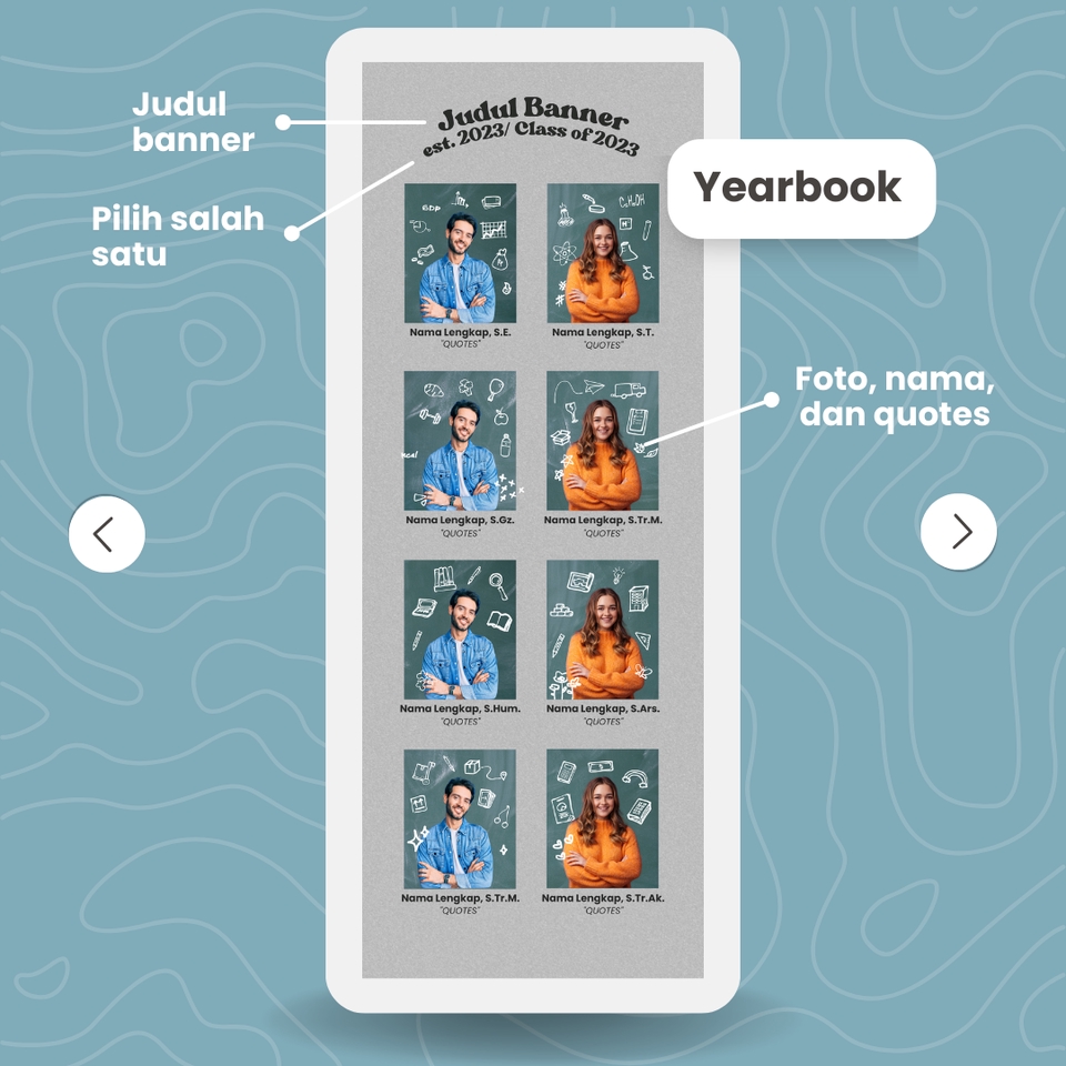 Desain Yearbook Sekolah dengan Foto, Nama dan Quotes Siswa.