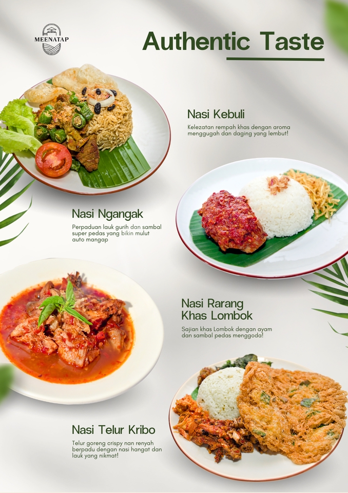 Desain menu makanan dengan menu nasi kebuli, nasi nganggak, nasi telur kribo dan nasi rarng khas lombok.