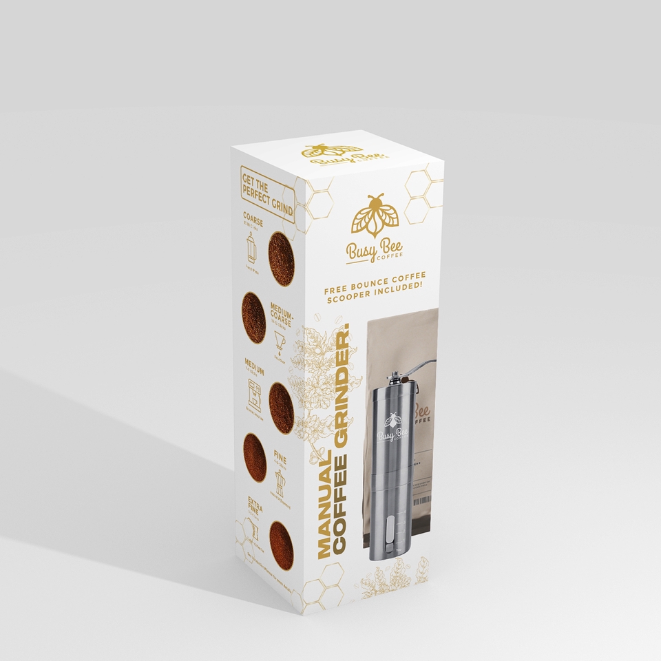 Desain kemasan kotak untuk kopi dengan label "Busy Bee Coffee"