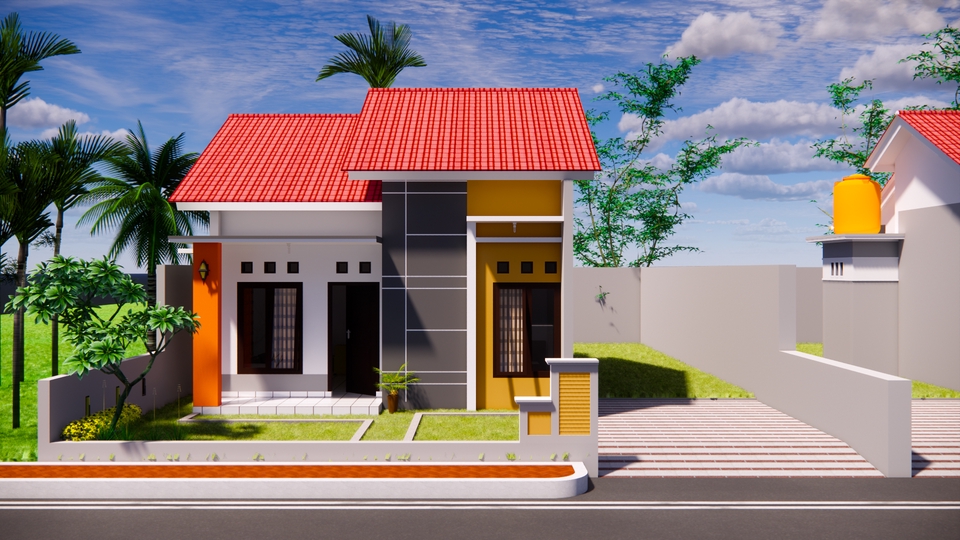 Jasa desain eksterior 3d rumah minimalis modern dengan taman kecil.