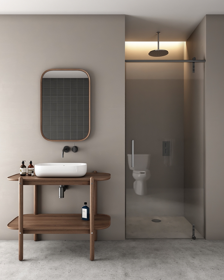 Desain interior kamar mandi minimalis modern dengan shower dan wastafel