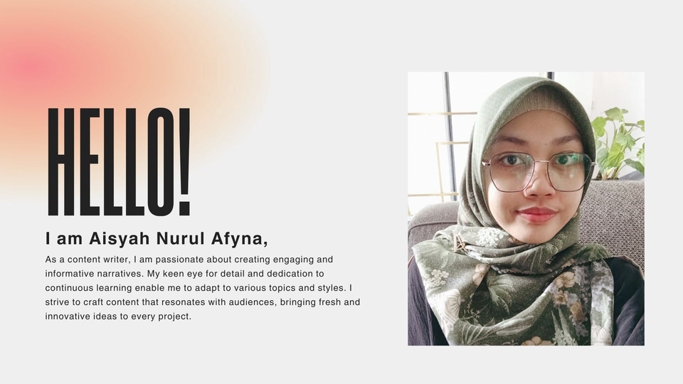 Jasa penulis konten freelance, Aisya Nurul Afyna, copywriter profesional di Indonesia.