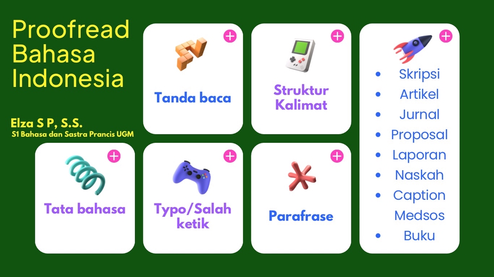 Jasa proofreading bahasa Indonesia, editing dan proofreading skripsi, jurnal, naskah, tesis, laporan, artikel, proposal, caption, medsoss, buku. Cek plagiarisme dan turnitin. Layanan parafrase teks.