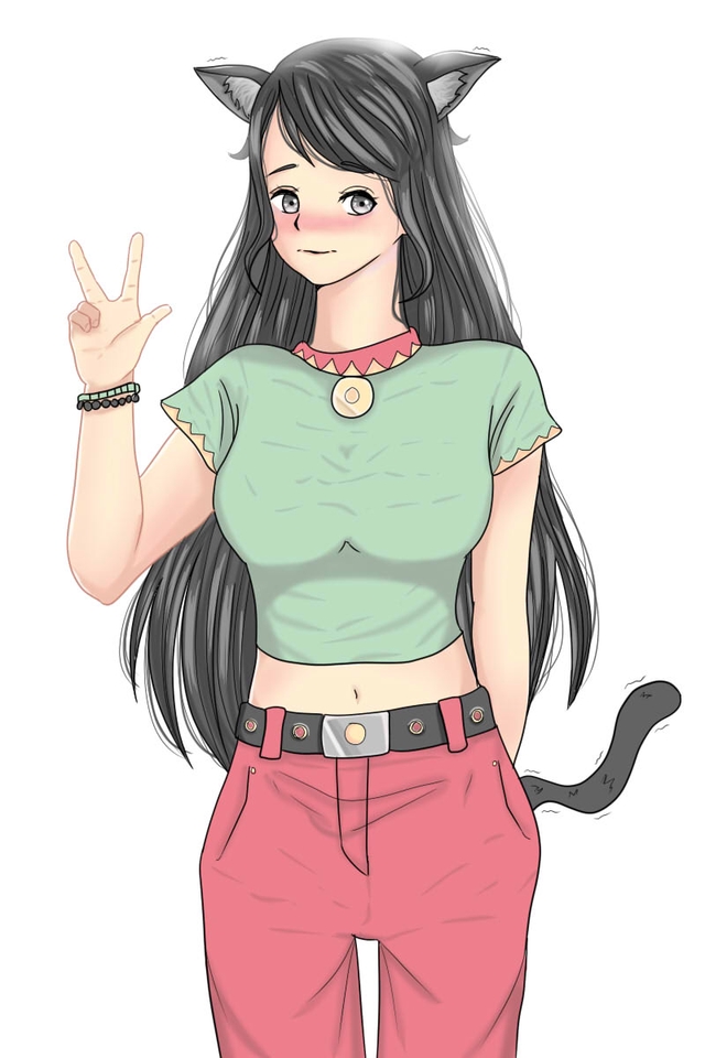 Ilustrasi digital gadis imut dengan telinga kucing, mengenakan baju hijau dan celana merah muda