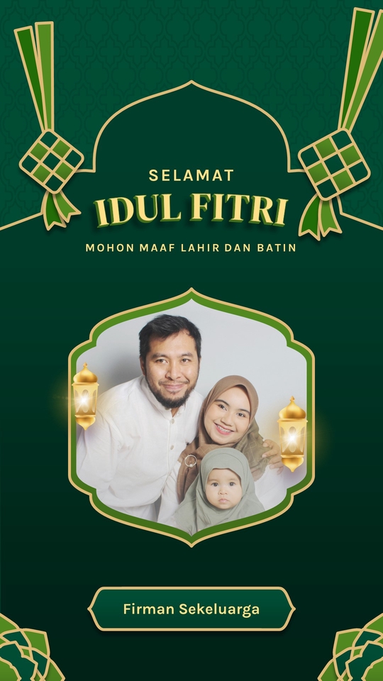 Desain kartu ucapan selamat Idul Fitri dengan gambar keluarga, cocok untuk ucapan lebaran.