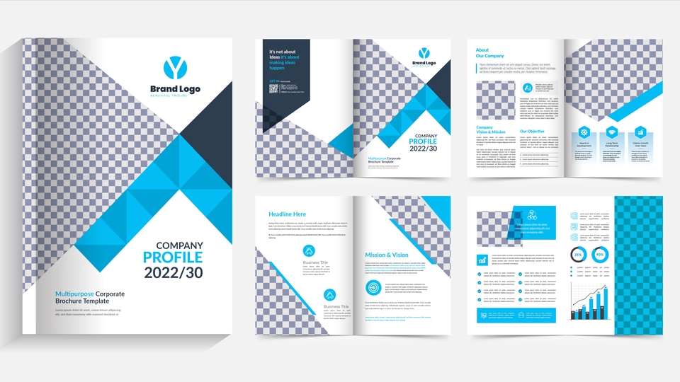 Desain company profile profesional dengan tema biru dan putih, cocok untuk bisnis modern.