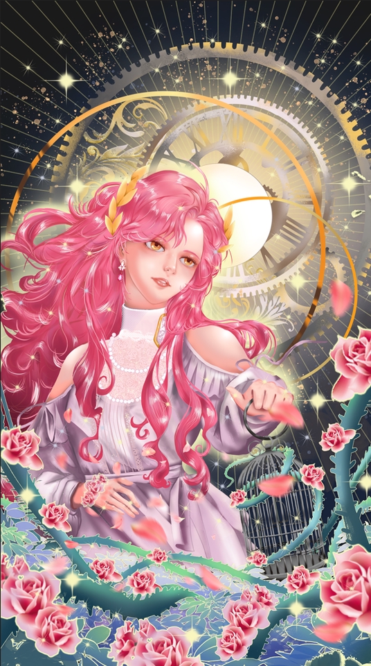 รับวาดรูปดิจิตอลเพ้นท์ สไตล์แฟนตาซี ผู้หญิง ผมชมพู ดอกไม้ กรงนก 