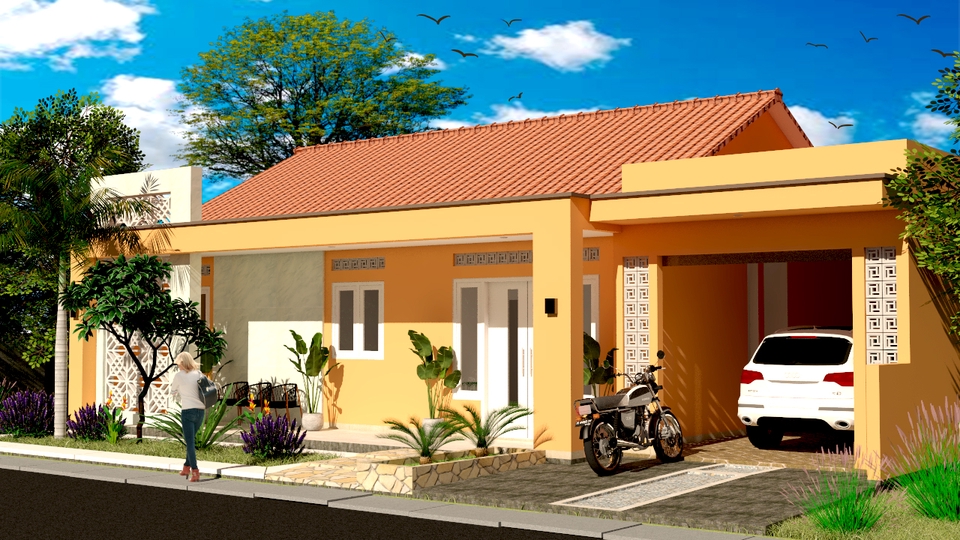 Jasa desain arsitektur rumah minimalis dengan desain exterior modern, 3D render, dan taman hijau.