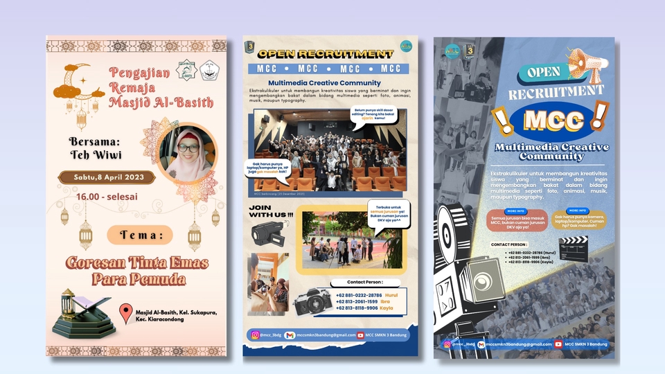Jasa desain undangan pernikahan unik dan murah, desain spanduk promosi, desain brosur  kegiatan remaja Masjid Al-Basith,  rekrutmen komunitas kreatif MCC.